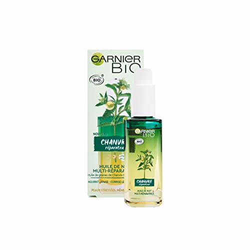 Garnier Bio - Huile de Nuit Multi-Réparatrice Visage - Au Chanvre Nourrissant & Vitamine E - Peaux Stressées & Sensibles - 30 ml